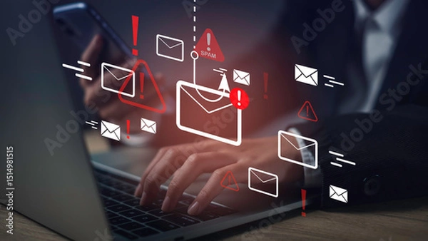 Fototapeta Hands using laptop and phone with spam email warning icons, representing phishing, cybersecurity threats, email scams, and data protection alerts.