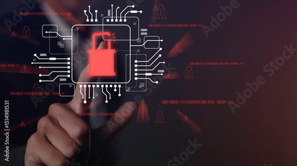 Fototapeta Hand pointing at digital broken padlock icon, symbolizing data breach, cybersecurity risk, hacking, malware attack, and network vulnerability in digital systems.