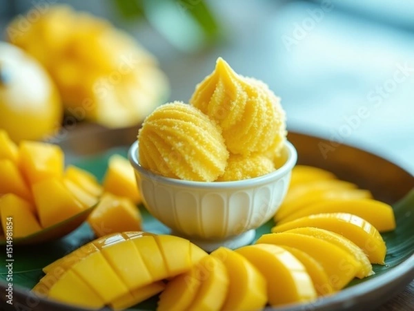 Obraz Fresh Mango Ice Cream on Palm Leaf Tray