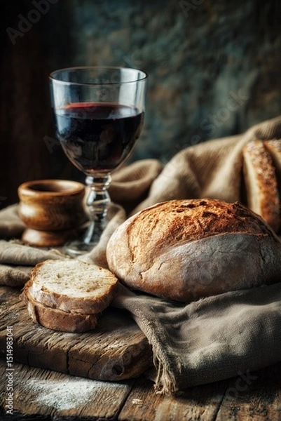 Fototapeta Traditional bread and wine displayed on rustic wooden table for Corpus Christi celebration
