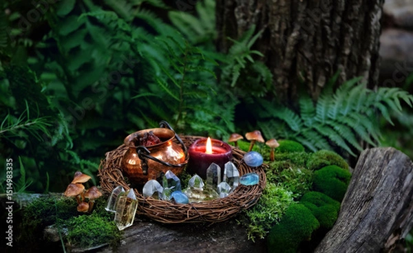 Fototapeta witch copper cauldron, burning candle and crystals in forest, natural background. occult ceremony, esoteric spiritual practice. magic ritual, witchcraft. fairytale, mystery atmosphere.
