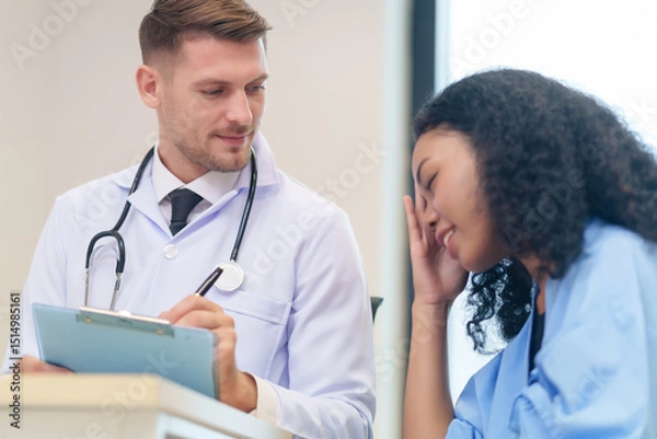 Obraz doctor in white gown with stethoscope,asking a woman patient on wheelchair a present illness and writing paper on clipboard to diagnosis and treatment