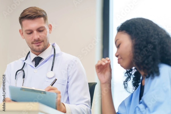 Obraz doctor in white gown with stethoscope,asking a woman patient on wheelchair a present illness and writing paper on clipboard to diagnosis and treatment