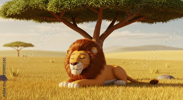 Obraz Lion Resting Under a Tree - African Savannah Animation