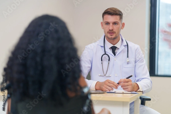 Obraz doctor in white gown with stethoscope,asking a woman disabled person on wheelchair for present illness to diagnosis and treatment in the examine room