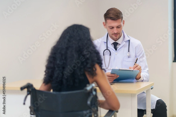Obraz doctor in white gown with stethoscope,asking a woman disabled person on wheelchair for present illness to diagnosis and treatment in the examine room