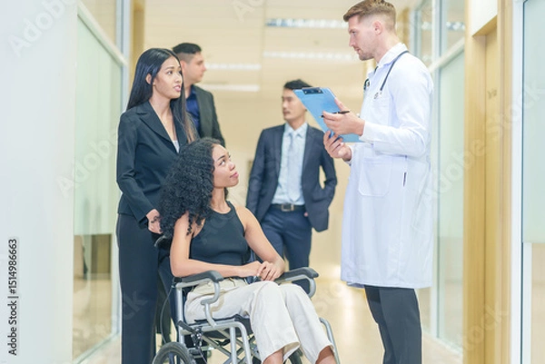 Obraz sick african business woman sitting on wheelchair at corridor with asian woman assistant and colleagues walking to encourage her,getting service at examine room in hospital