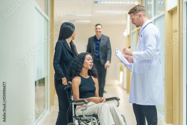Obraz sick african business woman sitting on wheelchair at corridor with asian woman assistant and colleagues walking to encourage her,getting service at examine room in hospital