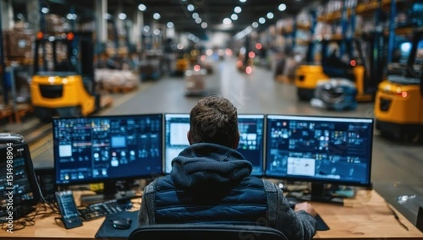Obraz A warehouse worker monitors multiple screens to oversee logistics and operations in a busy industrial facility.