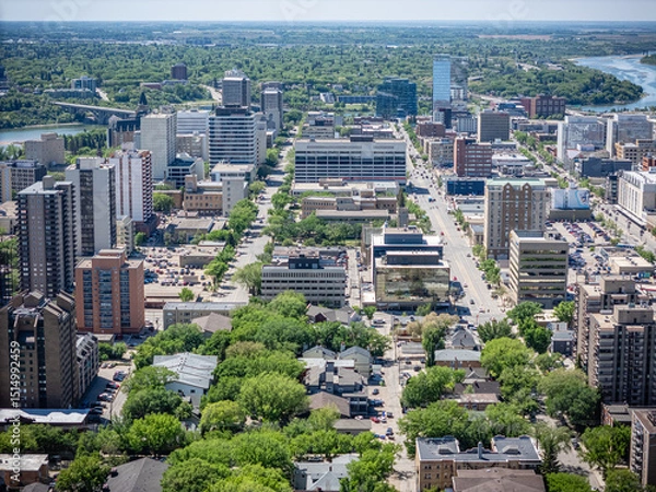 Fototapeta City view with many tall buildings and a large green area