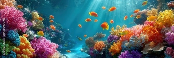 Obraz A vibrant underwater scene with colorful coral reefs and tropical fish illuminated by sunlight rays.