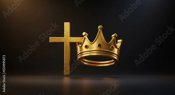 Fototapeta King's Crown and Cross - Golden crown and cross on dark background, symbolizing faith and . Perfect for religious or leadership concepts