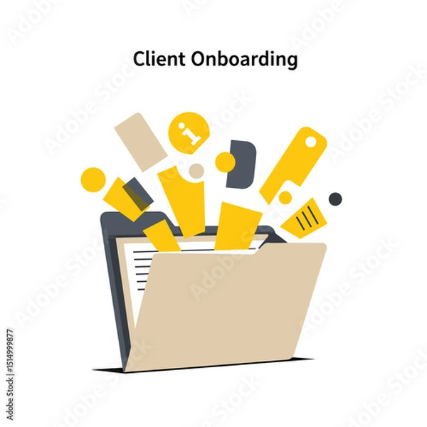 Fototapeta Client Onboarding Illustrated: A visual representation of client onboarding concept, with elements like documents and information floating from a folder, symbolizing the organized process.