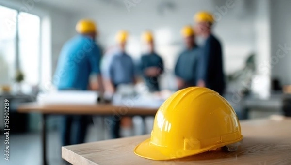 Fototapeta Hard hat is prominently placed table, symbolizing safety and construction. In background, group of professionals engages discussion, highlighting teamwork and collaboration modern workspace