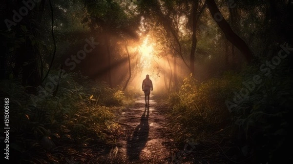 Fototapeta Sunlight pierces through the morning mist on a forest path, revealing a serene landscape of green trees and autumn woods, where a woman walks amidst the tranquil beauty of nature
