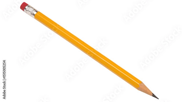 Fototapeta A single yellow pencil with a red eraser on a white background is lying diagonally across the image