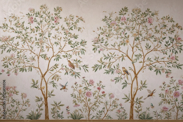 Fototapeta High-resolution photo of a traditional Mughal-style tree wall mural design, featuring symmetrical, hand-painted trees with delicate floral motifs, perched birds, and ornate foliage.