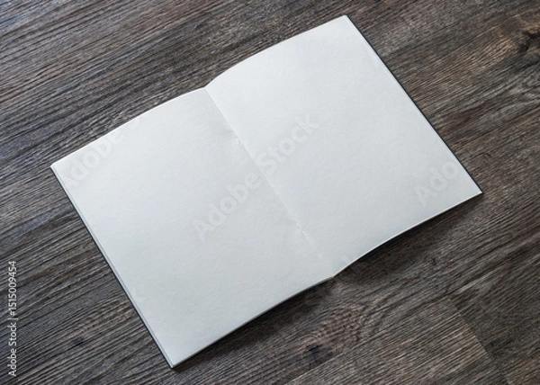 Fototapeta Book mockup with blank opening page a4 paperback mock up for catalog, magazine, menu, booklet, notebook, portfolio design template on wood table background