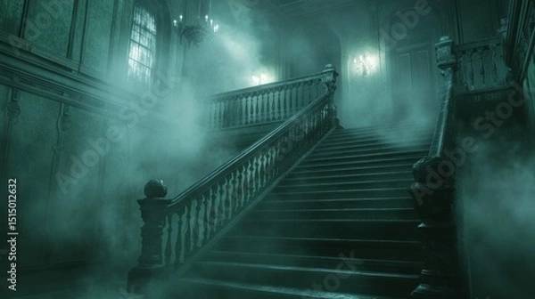 Fototapeta Mysterious foggy staircase in a vintage mansion interior.