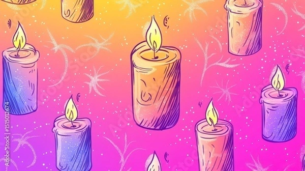 Fototapeta Colorful hand-drawn candles on a vibrant gradient background with a whimsical star pattern.