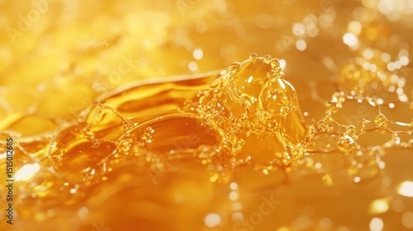 Fototapeta Close-up of golden liquid with bubbles and splashes.