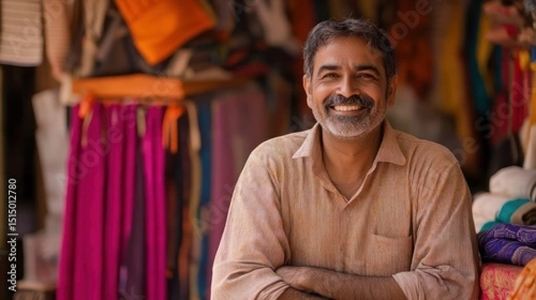 Fototapeta Smiling middle-aged man sitting in his textile shop.