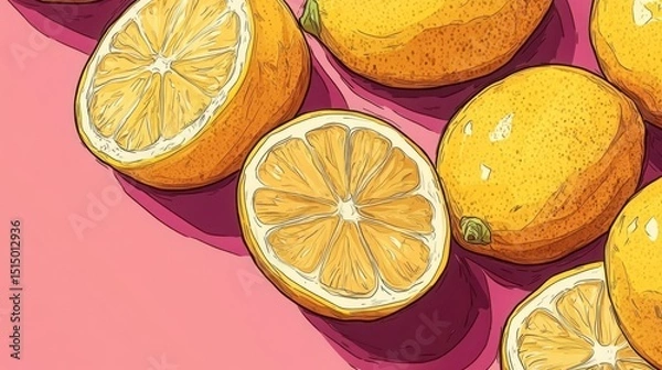 Fototapeta Close-up of halved and whole lemons on pink background.