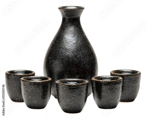 Fototapeta Traditional sake set featuring dark ceramic sake bottle and five matching cups, beautifully arranged. elegant design and rich texture evoke sense of cultural heritage and craftsmanship