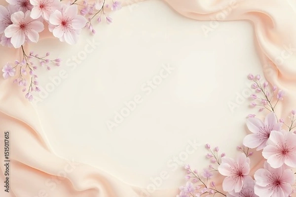 Fototapeta Romantic pastel invitation frame in peach, cream, and soft lilac tones. 