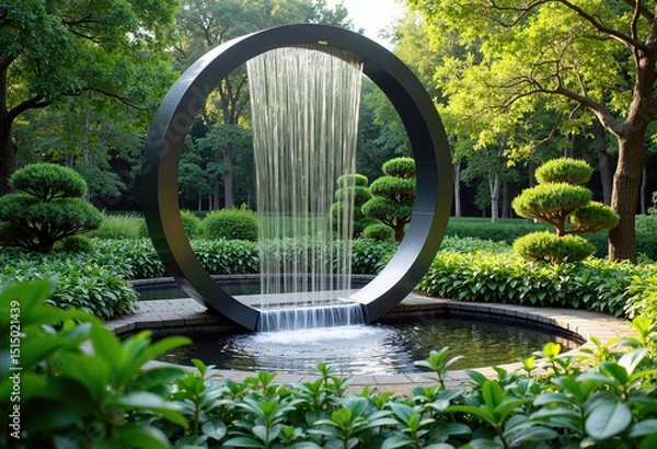 Fototapeta Create a tranquil outdoor oasis with this modern circular sculpture water feature, a stunning centerpiece for garden landscaping and serene environments.
