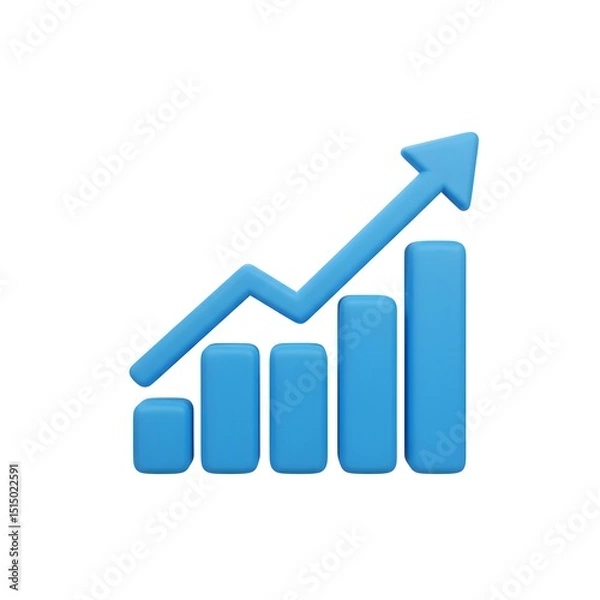 Fototapeta Ascending bar graph with upward arrow indicating positive trend, growth, and increase on a white background.