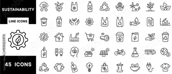 Fototapeta Sustainability Line Icons Set with Recycling, Eco Products, Renewable Energy, Green Living, Organic Materials, Zero Waste, and Environmental Conservation Symbols