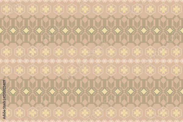 Fototapeta Geometric pattern fabric pattern with symmetry and mainly using beige and light brown tones. The elements are repeated geometric shapes, creating dimension and beauty. Wallpaper, curtains, cushions