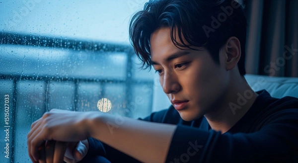 Obraz Thoughtful Man Sitting Alone by Rainy Window