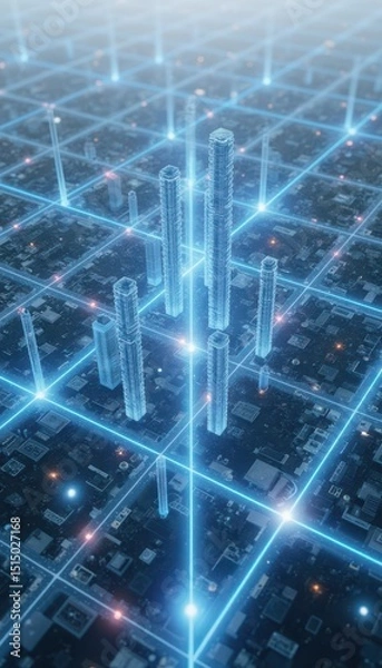 Fototapeta grid like city base with rising data columns representing search engine traffic and local business engagement
