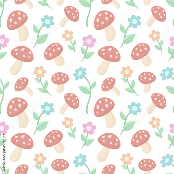 Obraz Seamless pattern with mushrooms and flowers