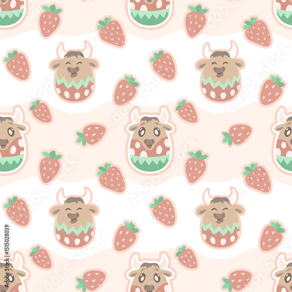 Obraz Seamless pattern with funny cows and strawberries
