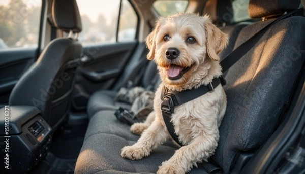 Fototapeta Dog sitting happily in car with harness on back seat
