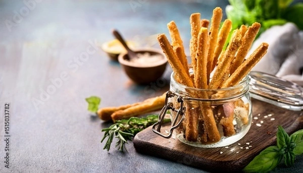 Fototapeta crispy golden brown parmesan cheese straws in a jar with fresh herbs and spices