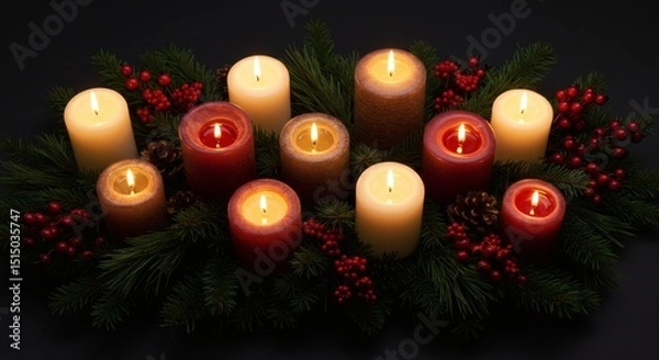Fototapeta Warm Glowing Christmas Candles Flatlay with Natural Greenery, Pine and Red Berries Top View Holiday Decor