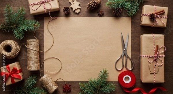 Fototapeta Top View of Rustic Natural Christmas Holiday Gift Wrapping Flatlay with Scissors, Kraft Paper, Twine, Pine, and Ribbon