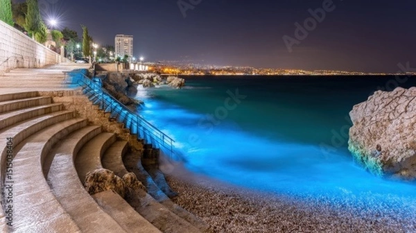 Fototapeta Serene Coastal Nightscape with Illuminated Steps and Calm Waters in Urban Setting