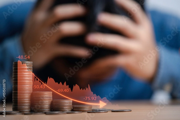 Fototapeta Businessman clutches his head due to stress from the great economic recession behind coins decreasing and red graph downturn concept.