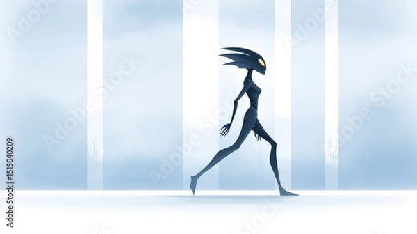 Fototapeta Mysterious Silhouette of an Abstract Character Walking in a Calm and Ethereal Environment