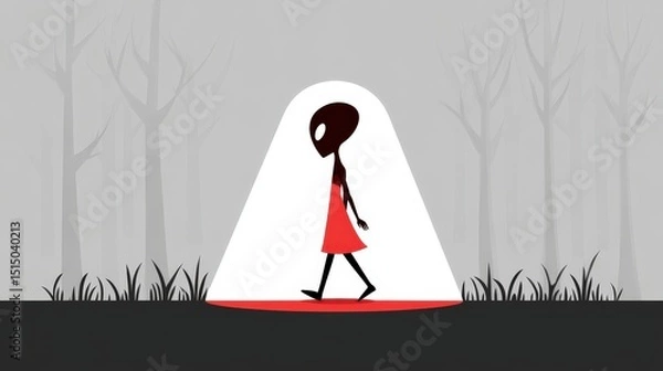 Fototapeta Mysterious Figure in a Red Dress Walking Under a Spotlight in a Dark, Eerie Forest Landscape