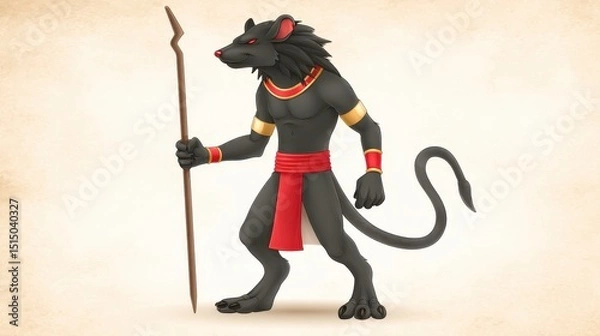 Fototapeta Fierce warrior creature with lion features wielding a spear in a mythical ancient setting