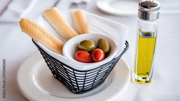 Fototapeta Fresh Breadsticks and Olive Appetizer in a Restaurant Setting with Olive Oil on the Table