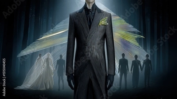 Fototapeta Elegant Suit with Draped Groom Surrounded by Illusionary Couple and Mysterious Forest Backdrop