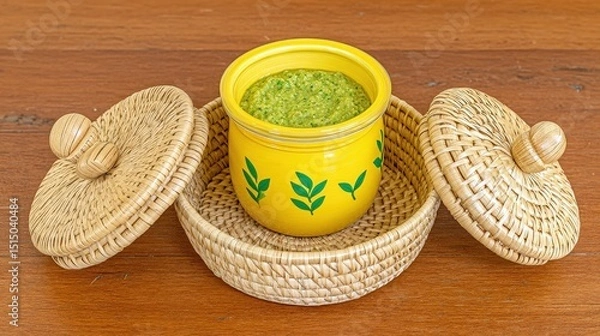 Fototapeta Colorful Yellow Pot of Fresh Green Sauce on a Rustic Wooden Table with Woven Container