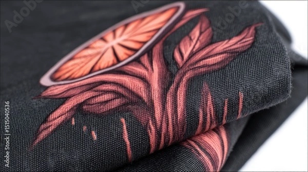 Fototapeta Artistic textile design featuring a vibrant botanical illustration on a dark fabric background